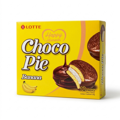 Lotte Choco Pie Banana 12 Piezas – Pastelitos Coreanos de Plátano con Chocolate y Malvavisco