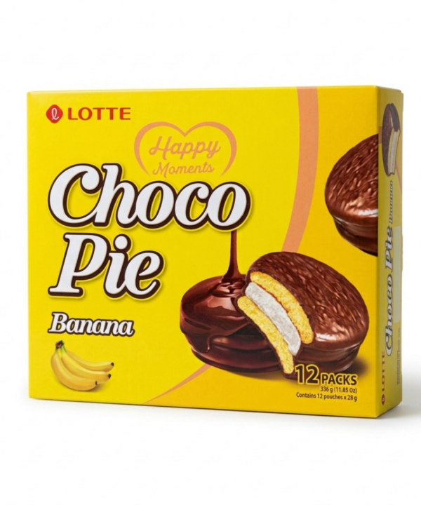Lotte Choco Pie Banana 12 Piezas – Pastelitos Coreanos de Plátano con Chocolate y Malvavisco