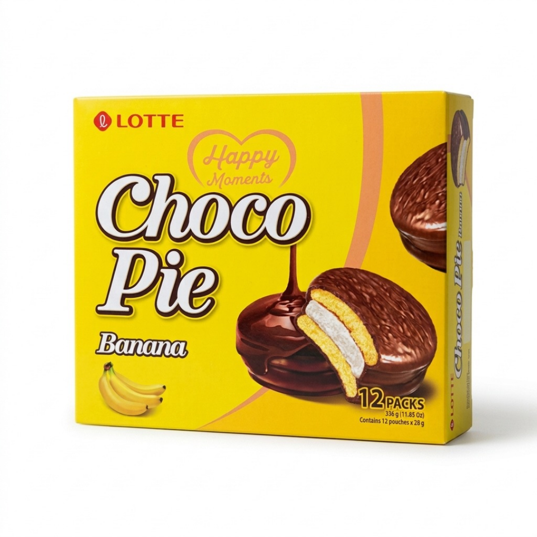Lotte Choco Pie Banana 12 Piezas – Pastelitos Coreanos de Plátano con Chocolate y Malvavisco Lotte Choco Pie Banana 12 Piezas – Pastelitos Coreanos de Plátano con Chocolate y Malvavisco