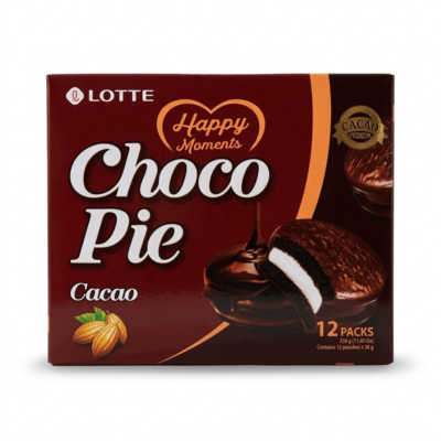 Lotte Chocopie Cacao 12 Piezas – Pastelitos Coreanos Rellenos de Malvavisco Cubiertos de Chocolate
