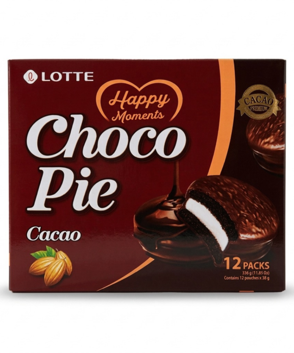 Lotte Chocopie Cacao 12 Piezas – Pastelitos Coreanos Rellenos de Malvavisco Cubiertos de Chocolate