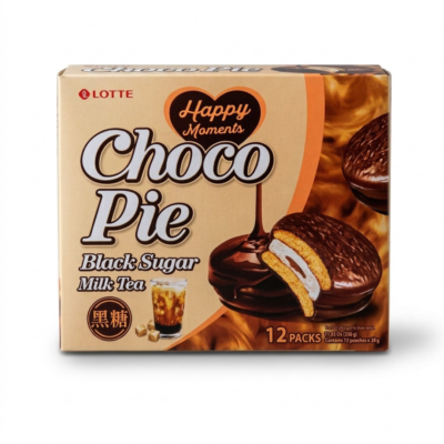 Lotte Chocopie Black Sugar Milk Tea 12 Piezas 336 g – Pastelitos Coreanos Sabor Té con Leche y Azúcar Morena