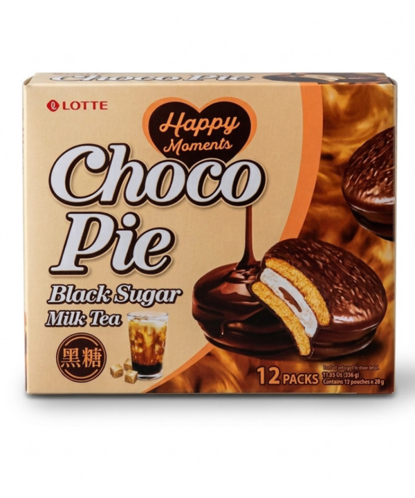 Lotte Chocopie Black Sugar Milk Tea 12 Piezas 336 g – Pastelitos Coreanos Sabor Té con Leche y Azúcar Morena